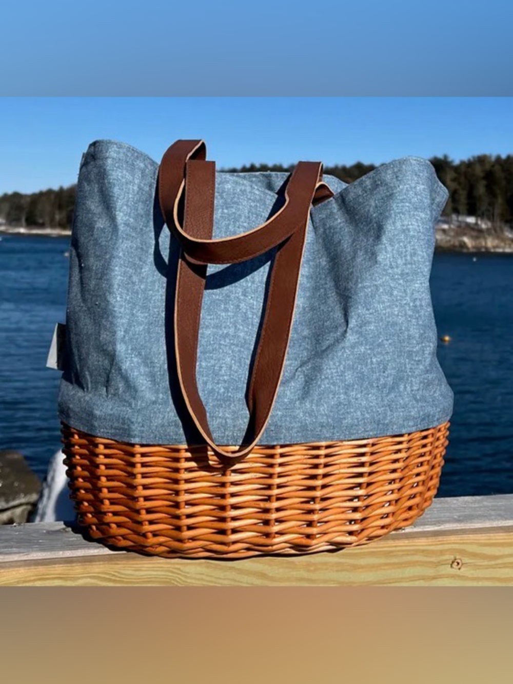 Picnic Time Coronado Canvas and Willow Basket Tote Faux Leather Straps